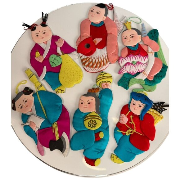 Set Of 6 Vintage Chinese Silk & Cardboard Ornaments Folk Figures 6" No Box - Picture 1 of 9